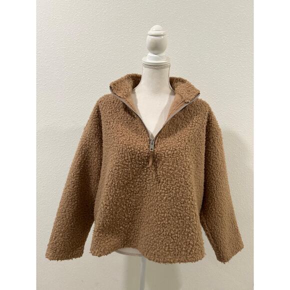 Zara Basic Womens Textured Teddy Quarter Zip Sweatshirt Large Cozy Long Sleeves - Picture 2 of 8